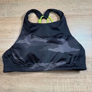 Athleta Womens Size S Black Gray Camo Lime Green Strappy Back Sports Bra